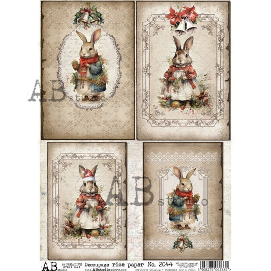 AB Studio Shabby Chic, Vintage, Christmas, Rabbits, Squares, Holiday Bunnies, 2044, A4, 8.27 X 11.69, Rice Paper, Decoupage, Imported Poland
