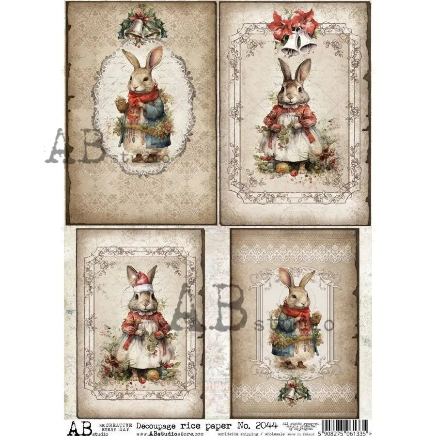 AB Studio Shabby Chic, Vintage, Christmas, Rabbits, Squares, Holiday Bunnies, 2044, A4, 8.27 X 11.69, Rice Paper, Decoupage, Imported Poland AB Studio