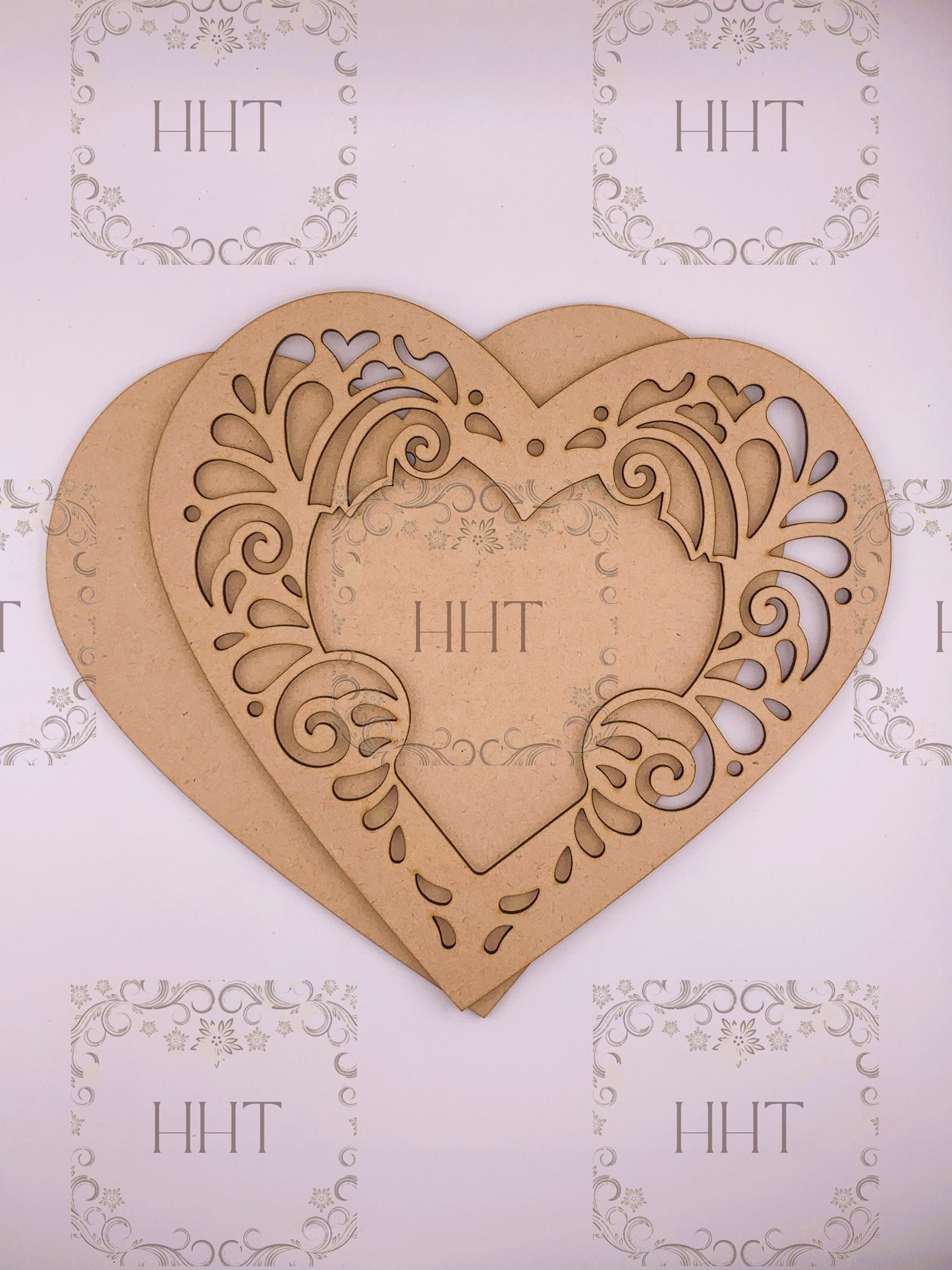 Laser Cut MDF Vintage Style Scroll Work Heart, Base, Blank, Overlay Heart Plaque, 2 pc, Decoupage Crafts, Mixed Media, 9 x 8.5 in, 1/8