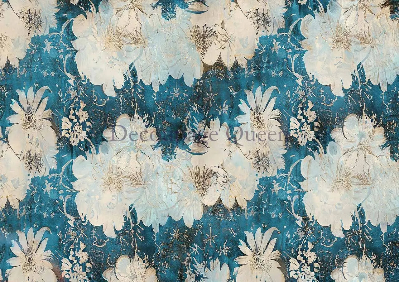 Decoupage Queen, Andy Skinner, Floral, Cascade, Blue, White, Size A4, 8.3" X 11.7", Rice Paper for decoupage, 0434 Decoupage Queen