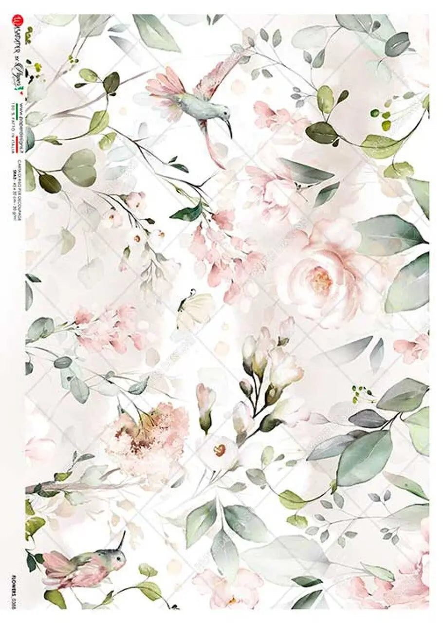 Paper Designs, Watercolor, Hummingbirds, Flowers, Pink, Roses, 0388-A4 Size: A4 - 8.3" X 11.7" Rice Paper for Decoupage, Mixed Media Paper Designs