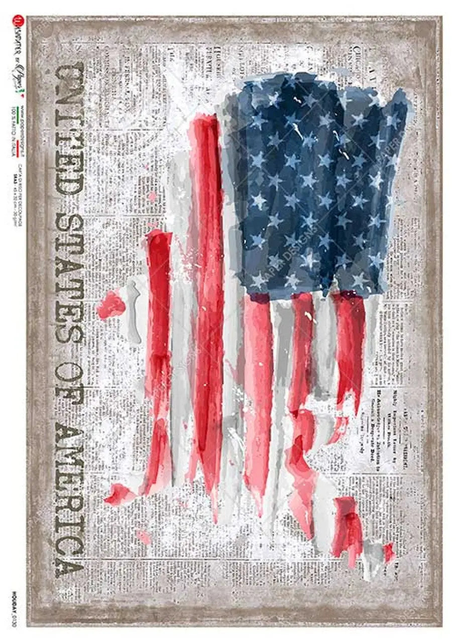 Paper Designs, Watercolor, American Flag, USA, United States of America, Patriotic, 0130 A4 8.3" X 11.7" Rice Paper for Decoupage Paper Designs