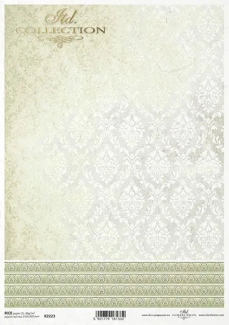 ITD Collection Rice Paper for Decoupage R2223 Size A4 8.27x11.7 inch, wallpaper motifs, pastel, backgrounds, laces, green, Damask ITD Collection