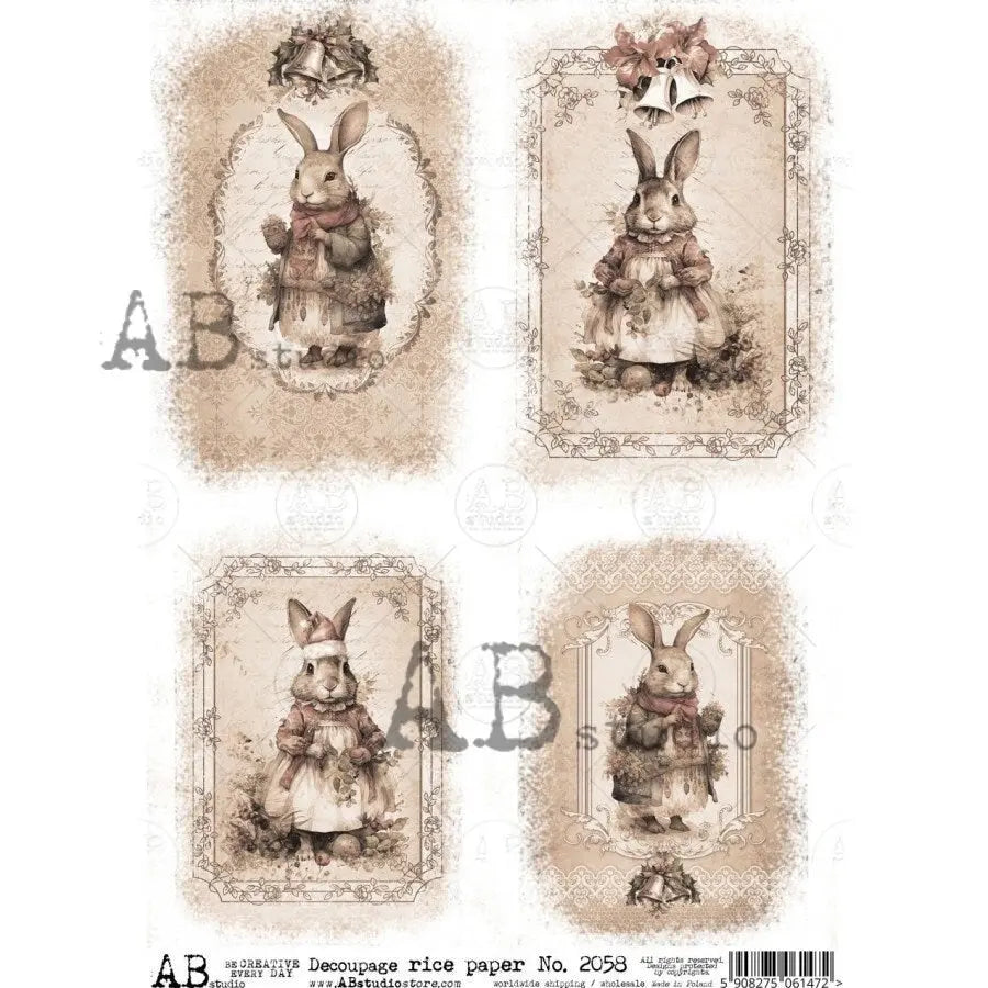 AB Studio Shabby Chic, Vintage, Christmas, Rabbits, Squares, Holiday Bunnies, 2058, A4, 8.27 X 11.69, Rice Paper, Decoupage, Imported Poland AB Studio