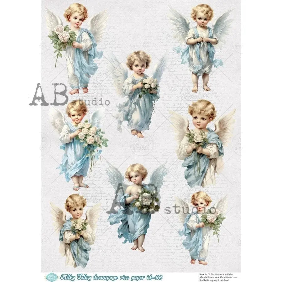 AB Studio, Christmas, Vintage Children, Blue Angels, Milky Valley, ID-96, A4 8.27 X 11.69 in, Rice Paper for Decoupage, Imported from Poland AB Studio