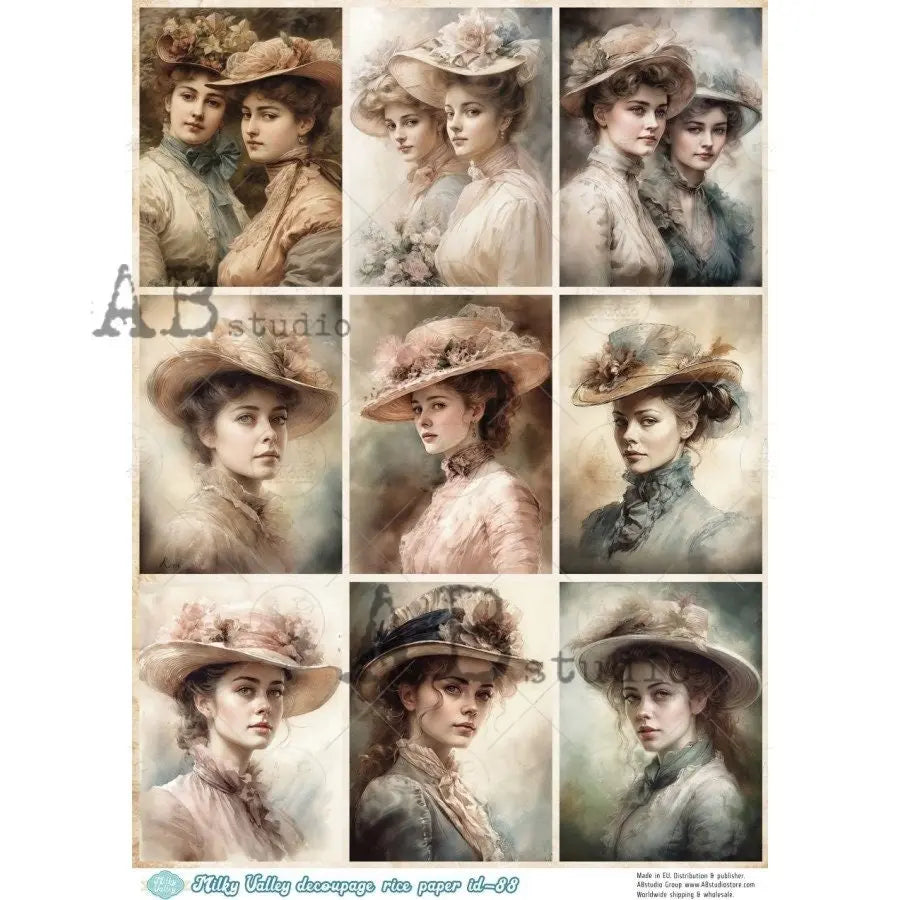 AB Studio, Vintage Women Portraits, Squares, Shabby Chic, Milky Valley, ID-88, A4 8.27 X 11.69 in, Rice Paper, Decoupage, Imported AB Studio