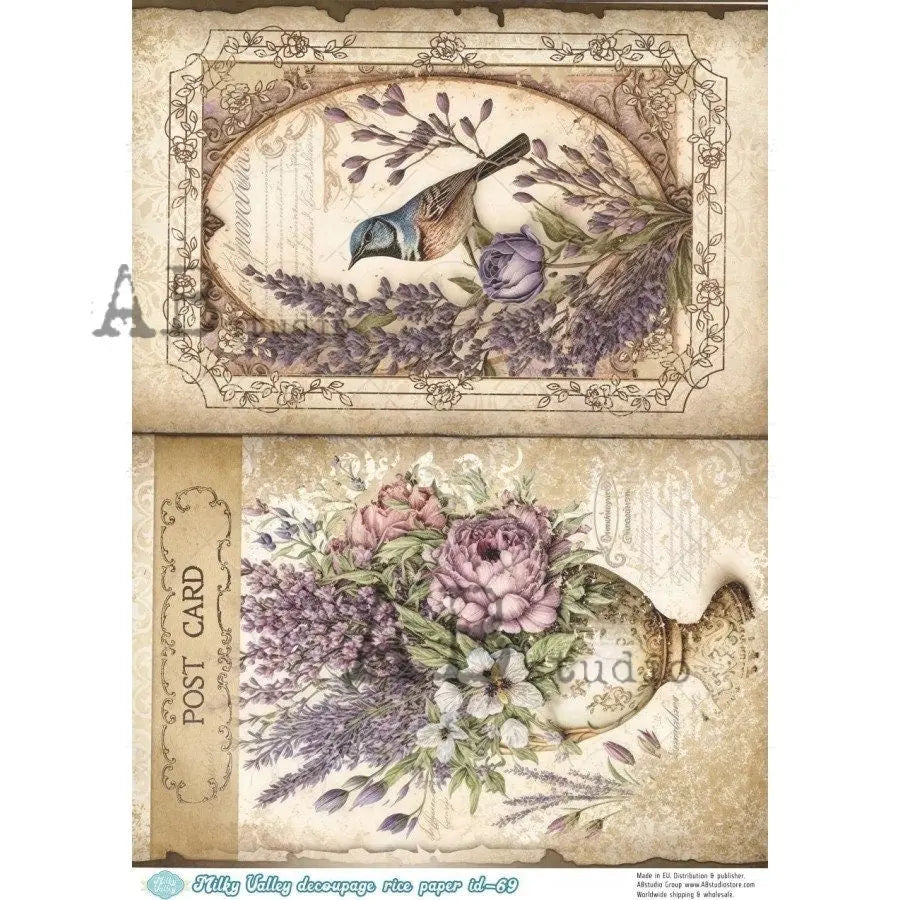AB Studio, Rice Paper, Decoupage, Lavender, Vintage Vase, Bird, Flowers, Antique Style, Milky Valley, ID-69, A4 8.27 X 11.69 Imported AB Studio