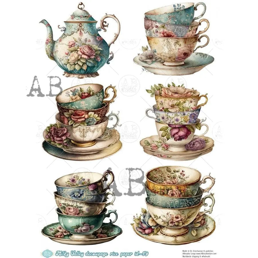 AB Studio, Milky Valley, Rice Paper, Decoupage, Shabby Chic, Vintage Style, Stacked, Tea, Pot, Cups, Flowers, ID-59, A4 8.27 X 11.69 AB Studio