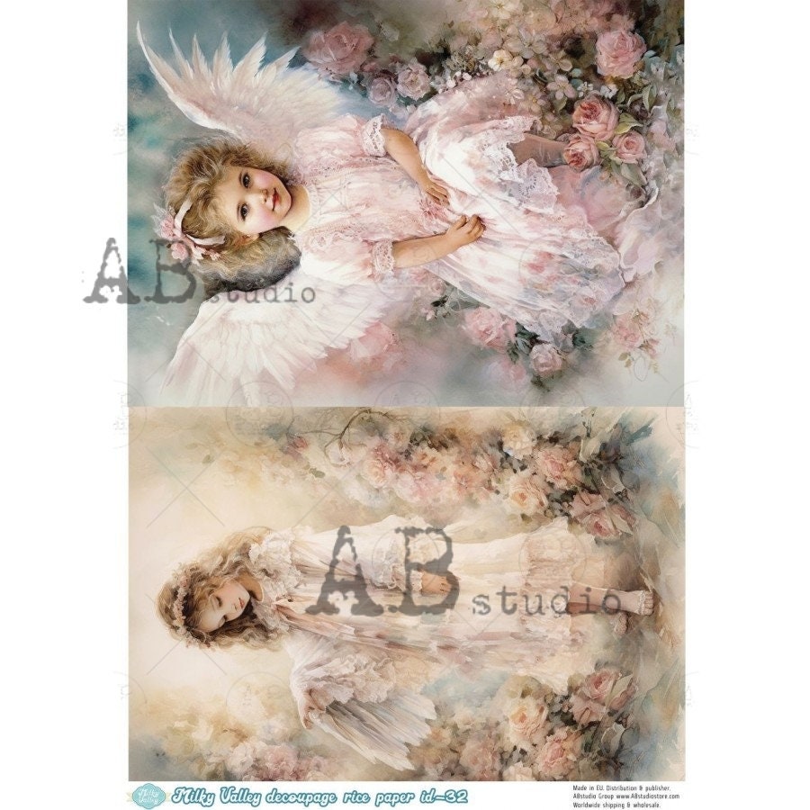 AB Studio, Milky Valley, Rice Paper, Decoupage, Shabby Chic, Vintage Style, Child, Girls, Lace, Angels, Roses, ID-32, A4 8.27 X 11.69