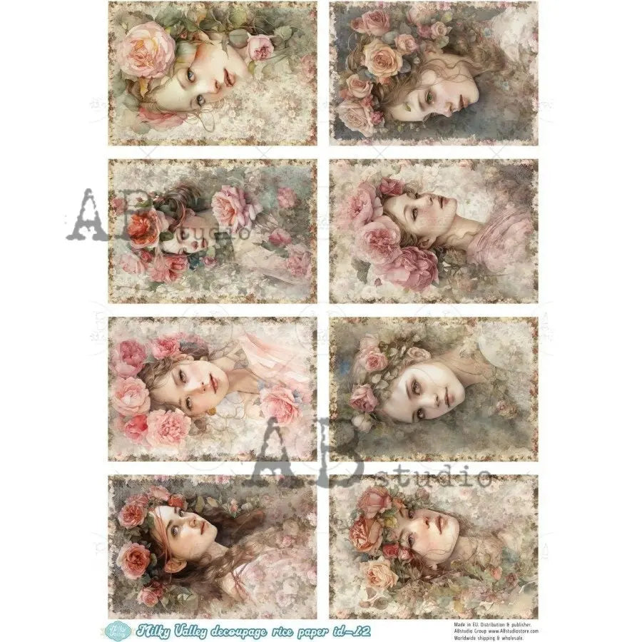 AB Studio, Milky Valley, Rice Paper, Decoupage, Vintage Girls, Women, Portraits, Squares, Shabby Chic, Pink Roses, ID-12, A4 8.27 X 11.69 in AB Studio