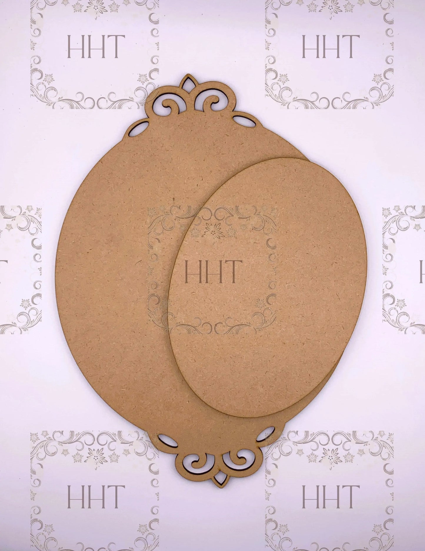 Laser Cut MDF Vintage Style Oval Plaque with center overlay, Base, Blank, Panel, Pendant, 2 pc, Decoupage Mixed Media 8 x 11 in, 1/8 inch Handcrafted Holiday Traditions