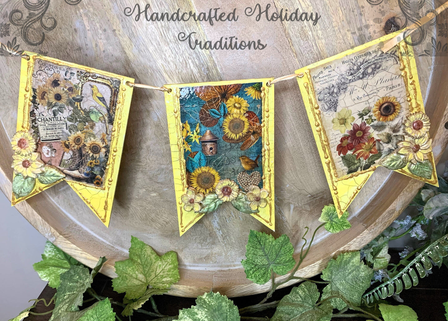 Handcrafted, Mixed Media, Shabby Chic, Decoupage, Flag, Banner, Bunting, Garland, Sunflowers, Fall, Autumn Decoration, Laser Cut MDF