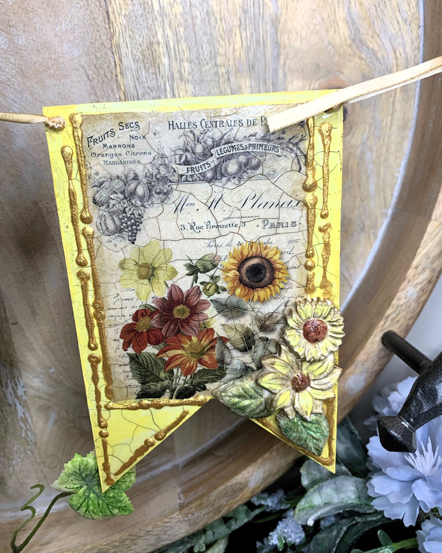 Handcrafted, Mixed Media, Shabby Chic, Decoupage, Flag, Banner, Bunting, Garland, Sunflowers, Fall, Autumn Decoration, Laser Cut MDF