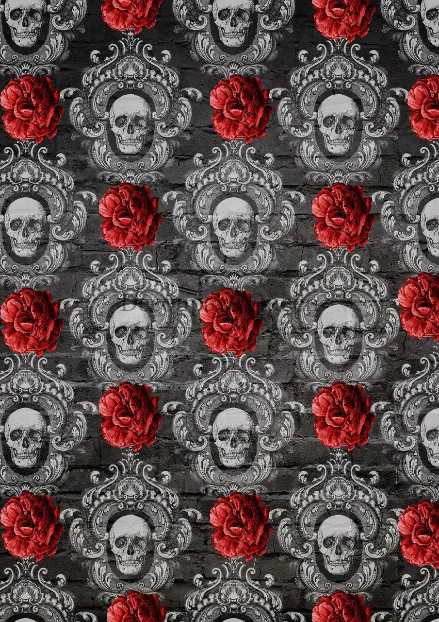 Decoupage Queen, Rice Paper, 2023 Fall Release, DPRP-0504 A4, Decoupage 8.3" X 11.7", Halloween, Floral, Roses, Framed Skulls, Wallpaper Decoupage Queen