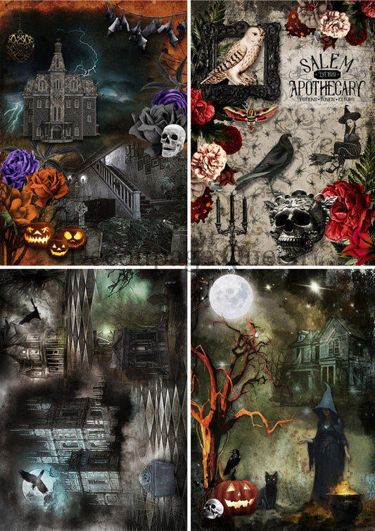 Decoupage Queen, Rice Paper, 2023 Fall Release, DPRP-0503 A4, Decoupage 8.3" X 11.7", Halloween, 4 Pack, Skull, Haunted House, Pumpkins