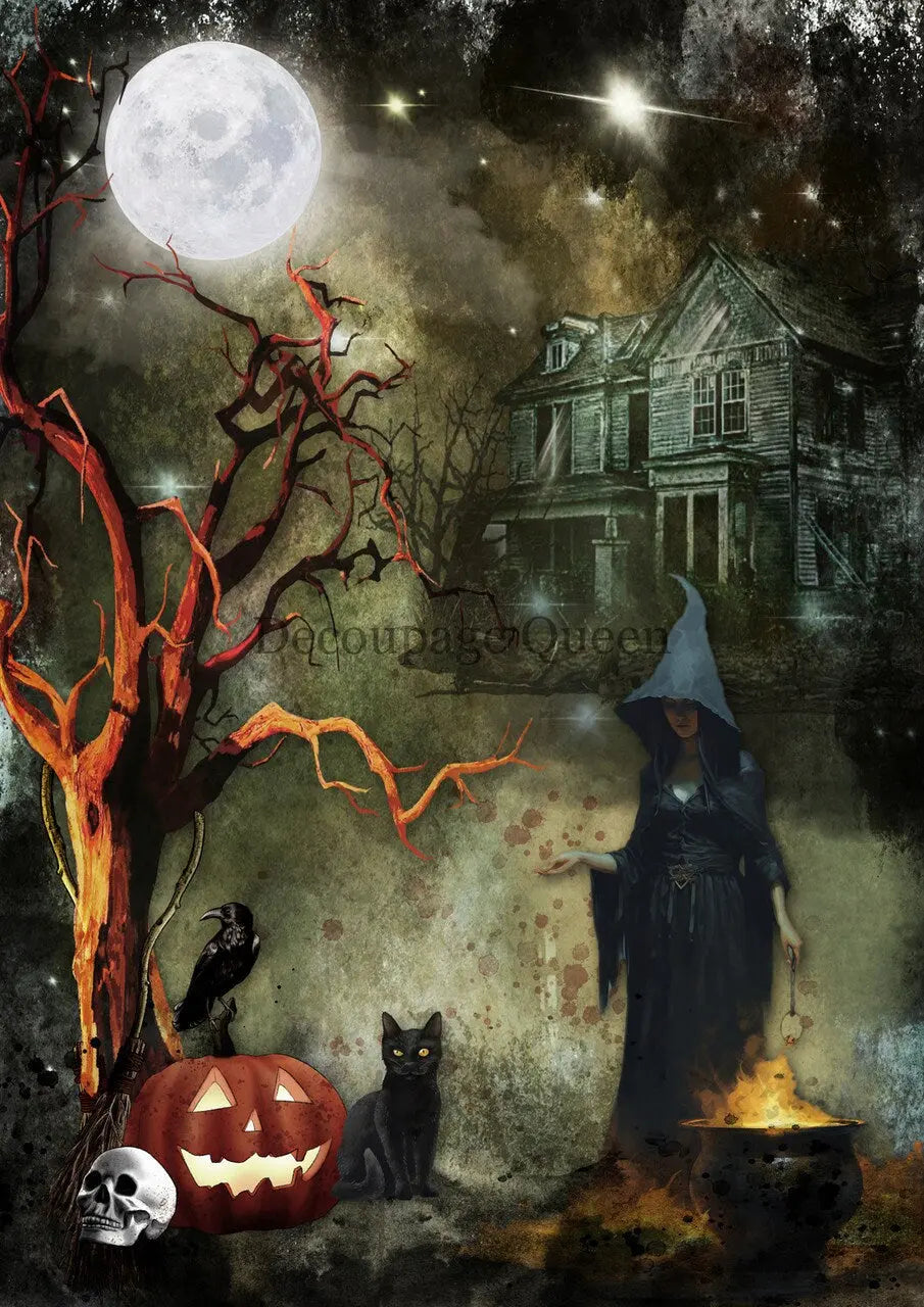 Decoupage Queen, Rice Paper, 2023 Fall Release, DPRP-0500 A4, Decoupage 8.3" X 11.7", Halloween, Witch, Moon, Cat, Haunted House, Pumpkins Decoupage Queen
