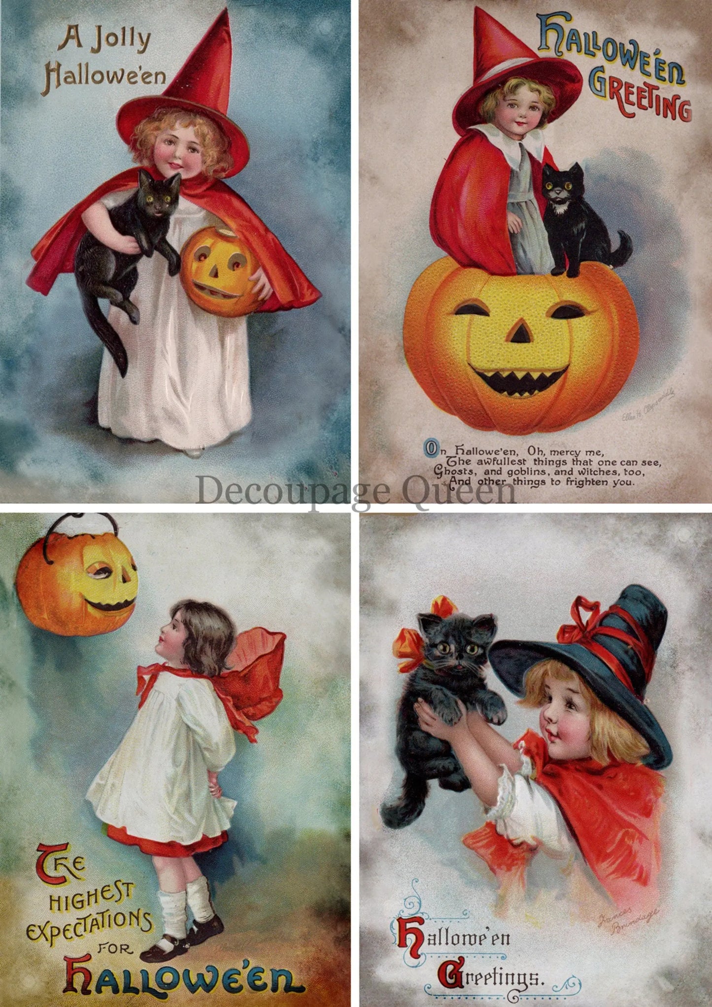 Decoupage Queen, Rice Paper, 2023 Fall Release, 0498 A4, Decoupage 8.3" X 11.7", Vintage Style, Halloween, Little Witches, Cats, Pumpkins Decoupage Queen