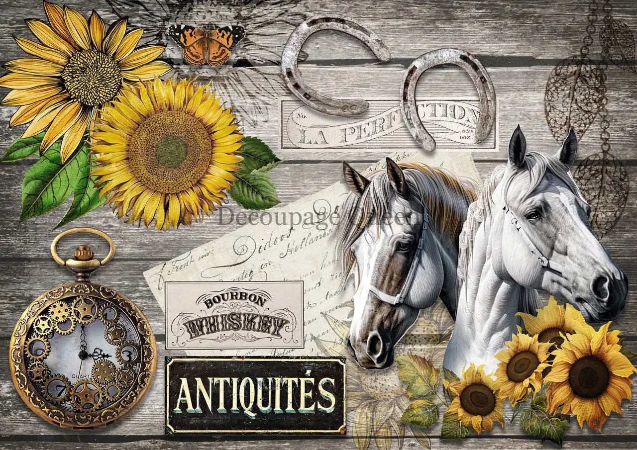 Decoupage Queen, Rice Paper, 2023 Fall Release, DPRP-0493 A4, Decoupage 8.3" X 11.7", Sunflowers, Horses, Antiques, Fall, Autumn Decoupage Queen