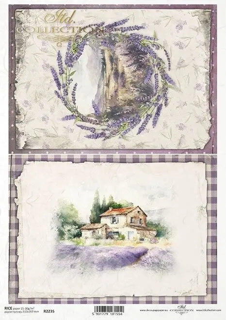 ITD Collection Rice Paper for Decoupage R2235, A4 8.27x11.7-inch, Views, Lavender Fields, Lavender, Landscape, House, Landscape, Flowers ITD Collection
