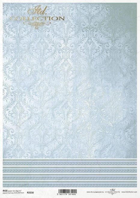 ITD Collection Rice Paper for Decoupage R2230 Size A4 8.27x11.7 inch, wallpaper motifs, pastel, backgrounds, laces, blue, Damask