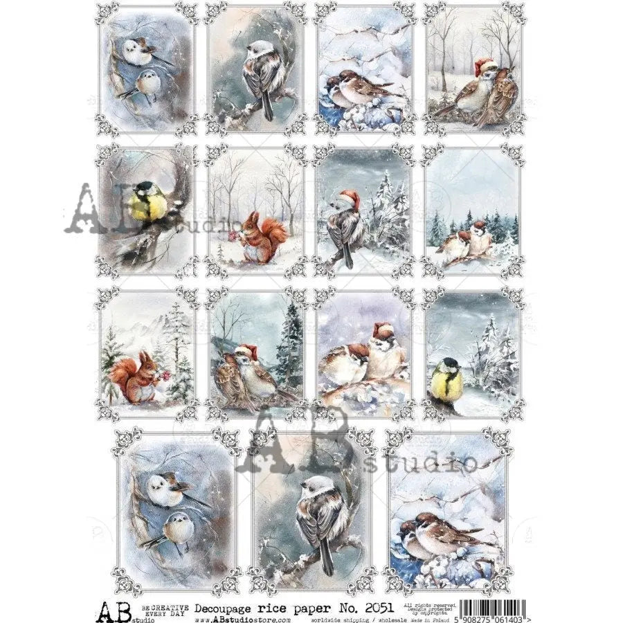 AB Studio Christmas, Christmas, Blue, White, Winter, Birds, Squares, Snow, Trees, 2051, A4, 8.27 X 11.69 Rice Paper, Decoupage, Ornaments AB Studio