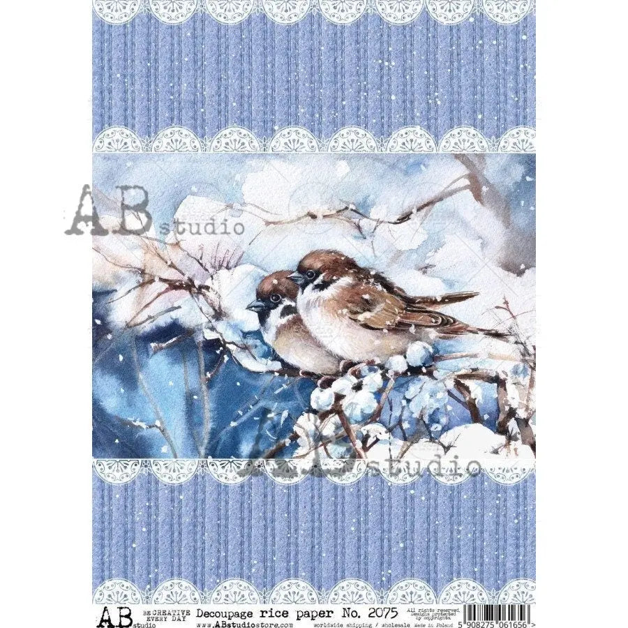 AB Studio Christmas, Blue, Christmas, Birds, Winter, Scene, Snow, Lace, Stripe, 2075, A4 8.27 X 11.69, Rice Paper, Decoupage, Imported AB Studio