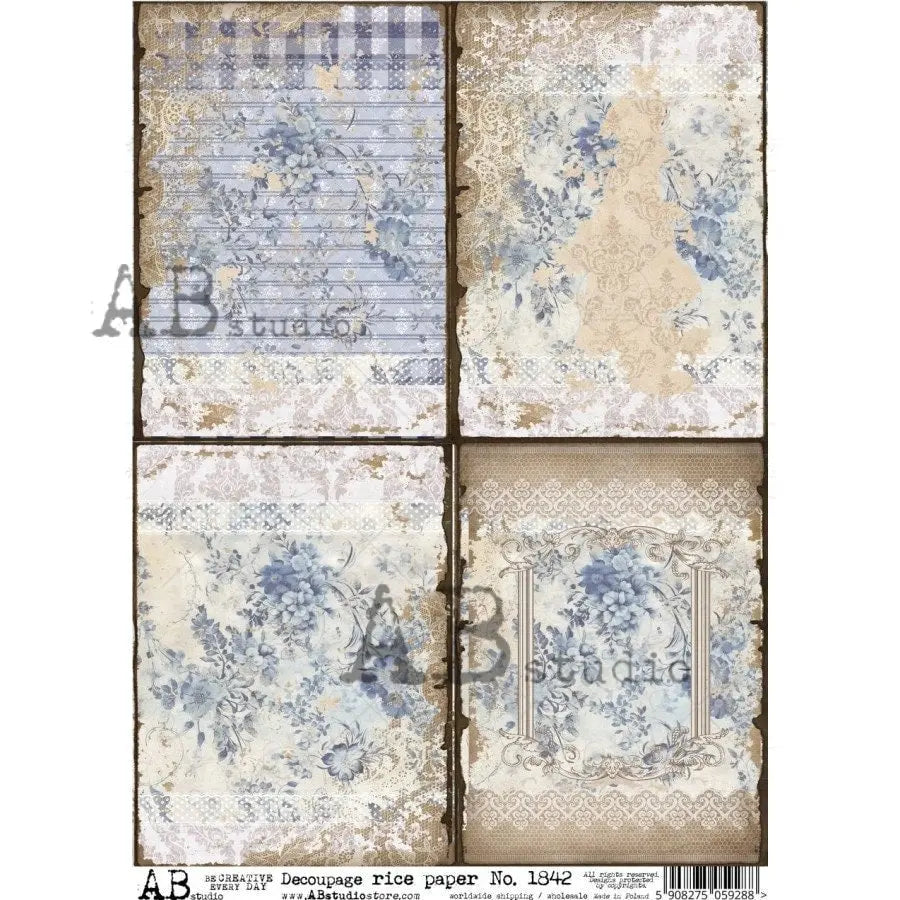AB Studio, Rice Paper, Decoupage, Shabby Chic, Vintage, Victorian, Blue, White, Lace, Floral, Squares, Antique Style, 1842 A4 8.27 X 11.69 AB Studio