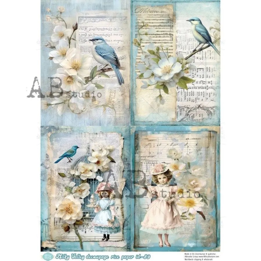 AB Studio, Milky Valley, Shabby Chic, Blue, White, Birds, Flowers, Vintage Girl, Squares, 89, A4 8.27 X 11.69 Rice Paper Decoupage Imported AB Studio