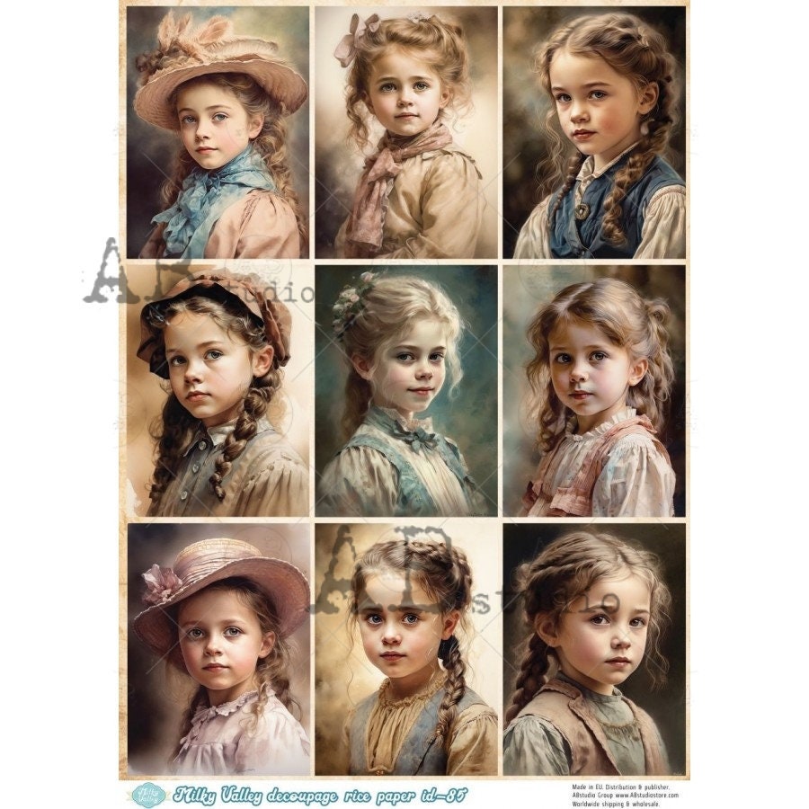 AB Studio, Milky Valley, Rice Paper, Decoupage, Vintage Girls, Portraits, Squares, Shabby Chic, , ID-84, A4 8.27 X 11.69 in, Imported