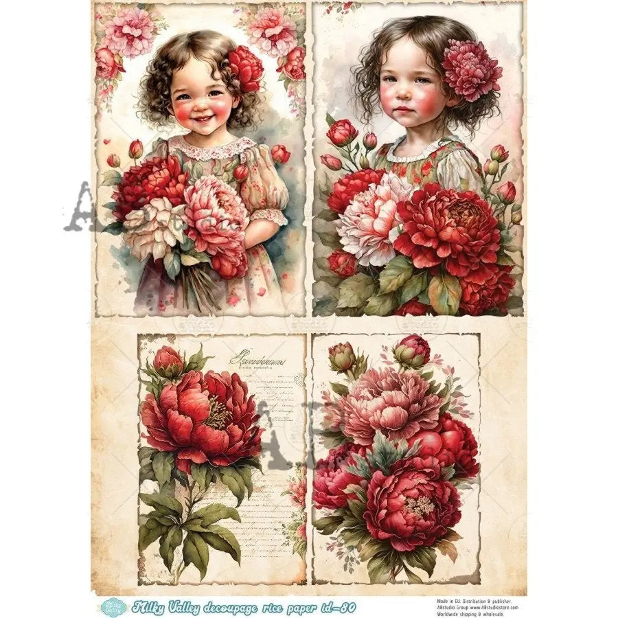 AB Studio, Milky Valley, Rice Paper, Decoupage, Vintage Girls, Portraits, Red Peonies, Squares, Shabby Chic, ID-80, A4 8.27 X 11.69 Imported AB Studio