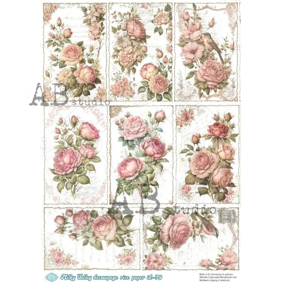 AB Studio, Milky Valley, Rice Paper, Decoupage, Vintage Pink Roses Squares, Shabby Chic, ID-79, A4 8.27 X 11.69 in, Imported Poland AB Studio