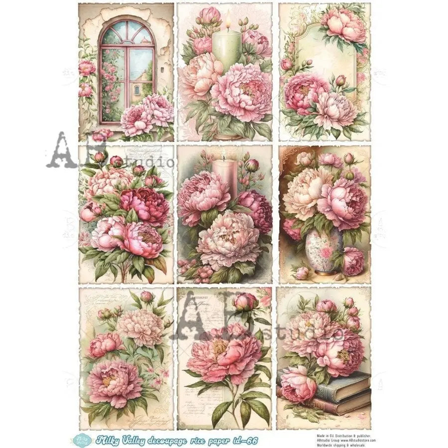 AB Studio, Rice Paper, Decoupage, Pink Peonies, Vintage, Squares, Shabby Chic, Squares, Milky Valley, ID-66, A4 8.27 X 11.69 Imported AB Studio