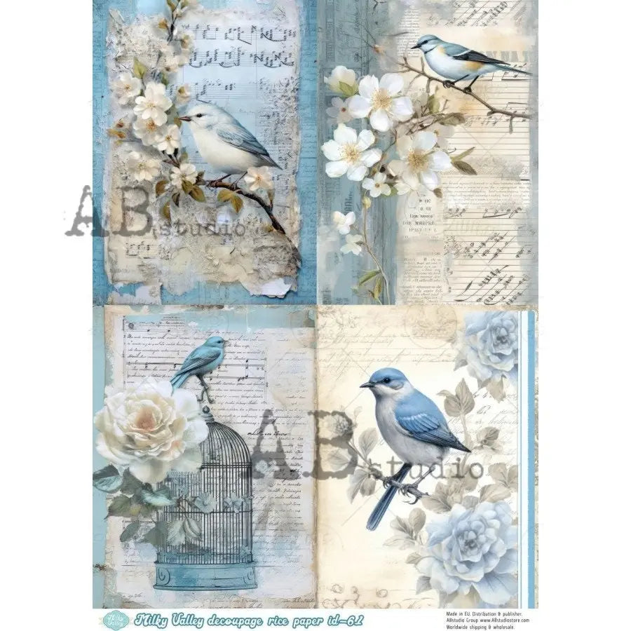 AB Studio, Milky Valley, Rice Paper, Decoupage, Shabby Chic, Vintage Style, Blue, White, Birds, Flowers, Squares, ID-61, A4 8.27 X 11.69 AB Studio