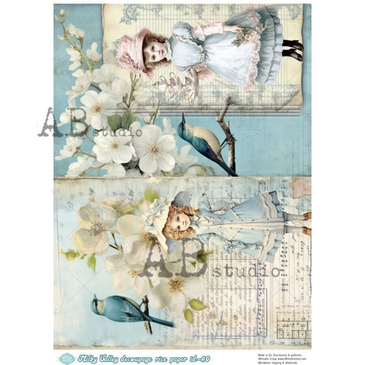 AB Studio, Milky Valley, Rice Paper, Decoupage, Shabby Chic, Vintage Style, Blue, White, Birds, Flowers, Girl, ID-60, A4 8.27 X 11.69