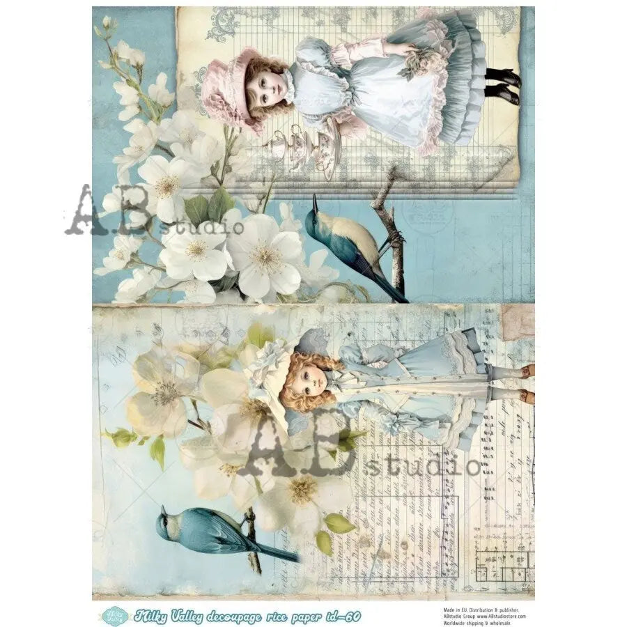 AB Studio, Milky Valley, Rice Paper, Decoupage, Shabby Chic, Vintage Style, Blue, White, Birds, Flowers, Girl, ID-60, A4 8.27 X 11.69 AB Studio
