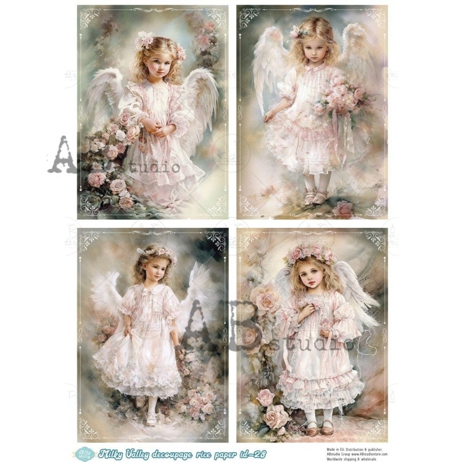 AB Studio, Milky Valley, Rice Paper, Decoupage, Shabby Chic, Vintage Style, Child, Girls, Lace, Angels, Roses, ID-28, A4 8.27 X 11.69