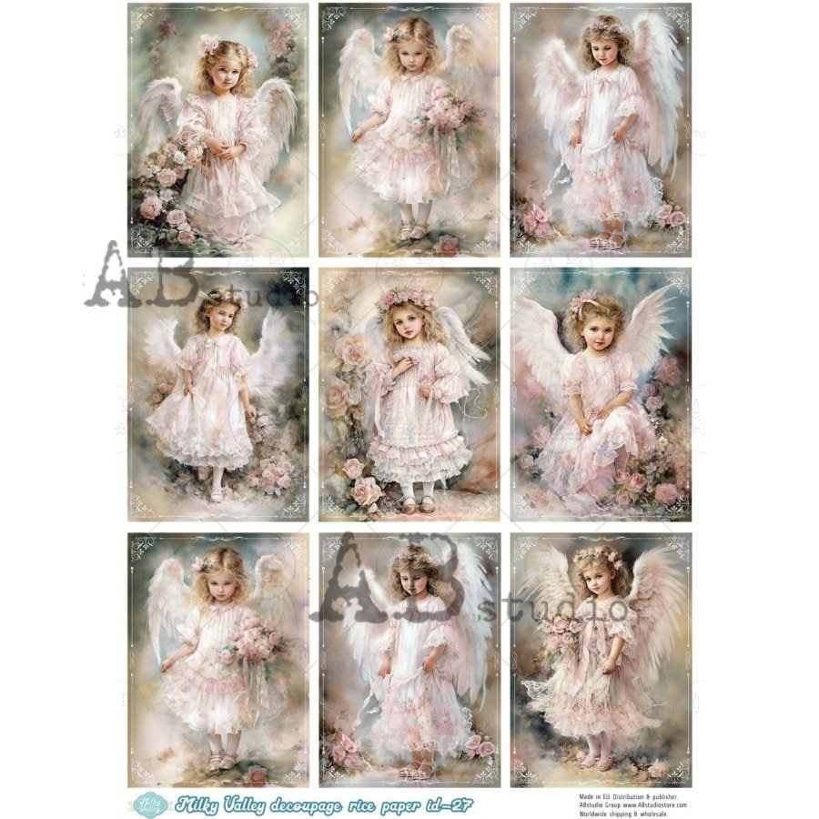 AB Studio, Milky Valley, Rice Paper, Decoupage, Shabby Chic, Vintage Style, Child, Girls, Lace, Angels, Roses, Squares, #27, A4 8.27 X 11.69