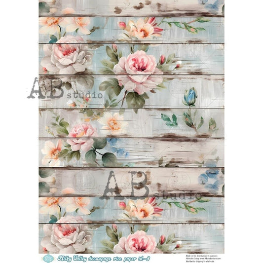 AB Studio, Milky Valley, Rice Paper, Decoupage, Shabby Chic, Vintage Style, Pink Roses, Rustic Wood, Background, ID-8, A4 8.27 X 11.69