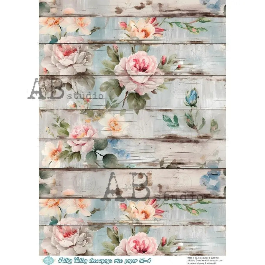 AB Studio, Milky Valley, Rice Paper, Decoupage, Shabby Chic, Vintage Style, Pink Roses, Rustic Wood, Background, ID-8, A4 8.27 X 11.69 AB Studio