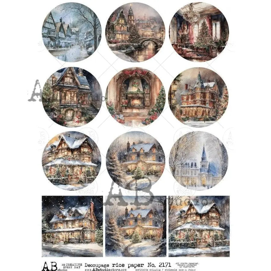 AB Studio, Rice Paper, Decoupage, Christmas, Houses, Rounds, Victorian, Winter, Ornament, Rounds, Scenes, 2171 Size: A4 - 8.27 X 11.69 in AB Studio