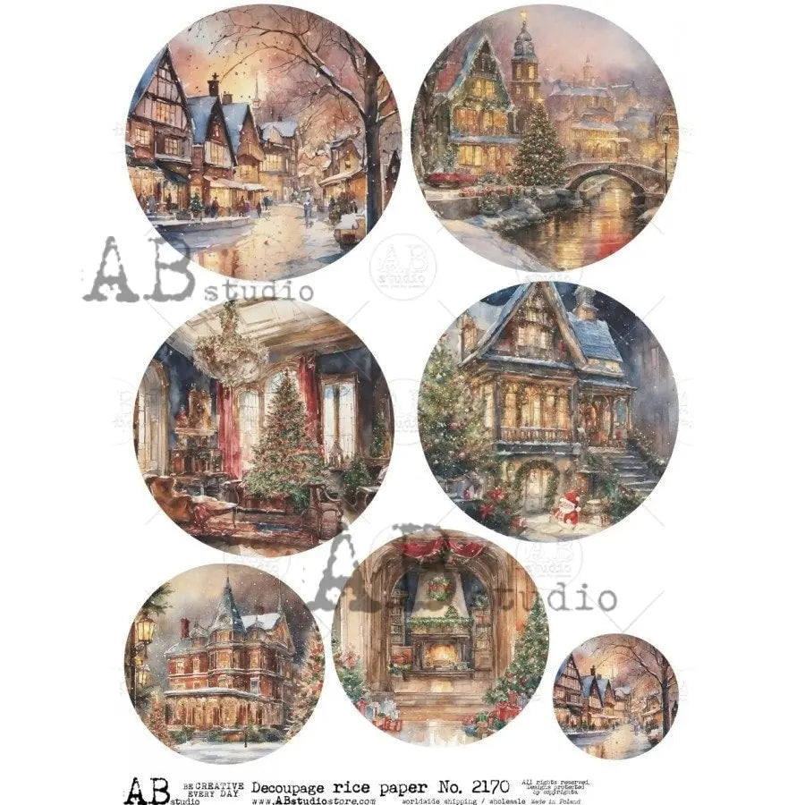 AB Studio, Rice Paper, Decoupage, Christmas, Houses, Rounds, Victorian, Winter, Ornament, Rounds, Scenes, 2170 Size: A4 - 8.27 X 11.69 in AB Studio