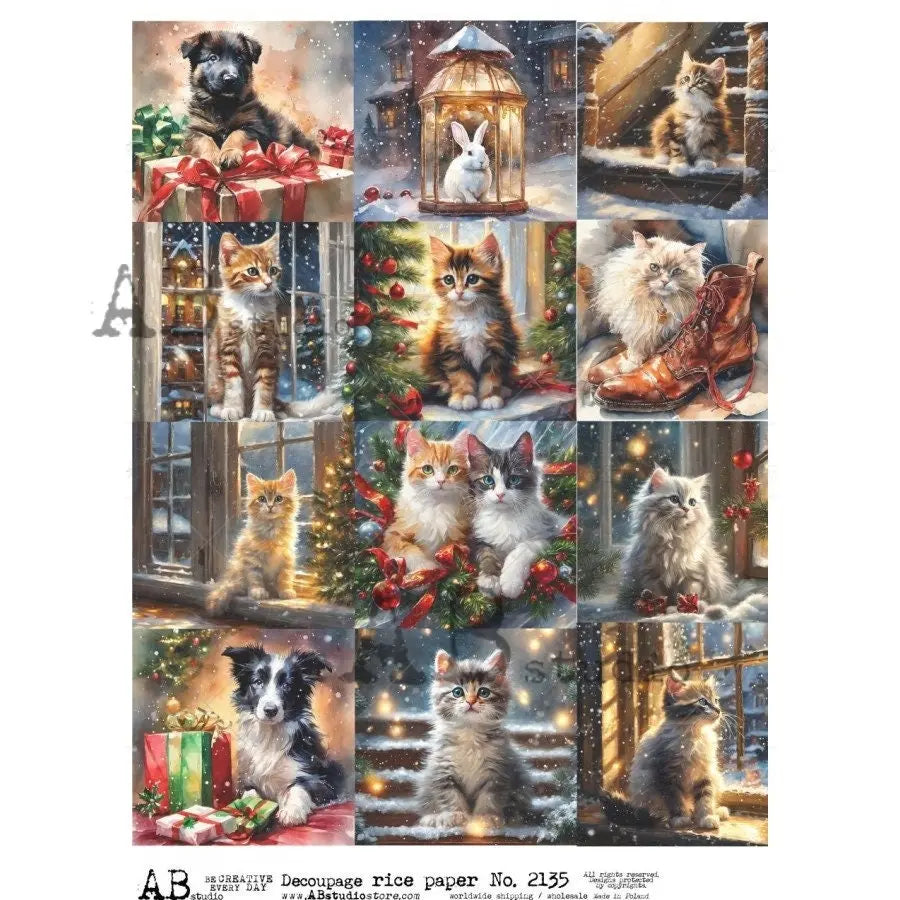 AB Studio, Rice Paper, Decoupage, Christmas, Cats, Kittens, Puppies, Dogs, Squares, Ornaments, Holiday Decorations, 2135, A4 - 8.27 X 11.69 AB Studio