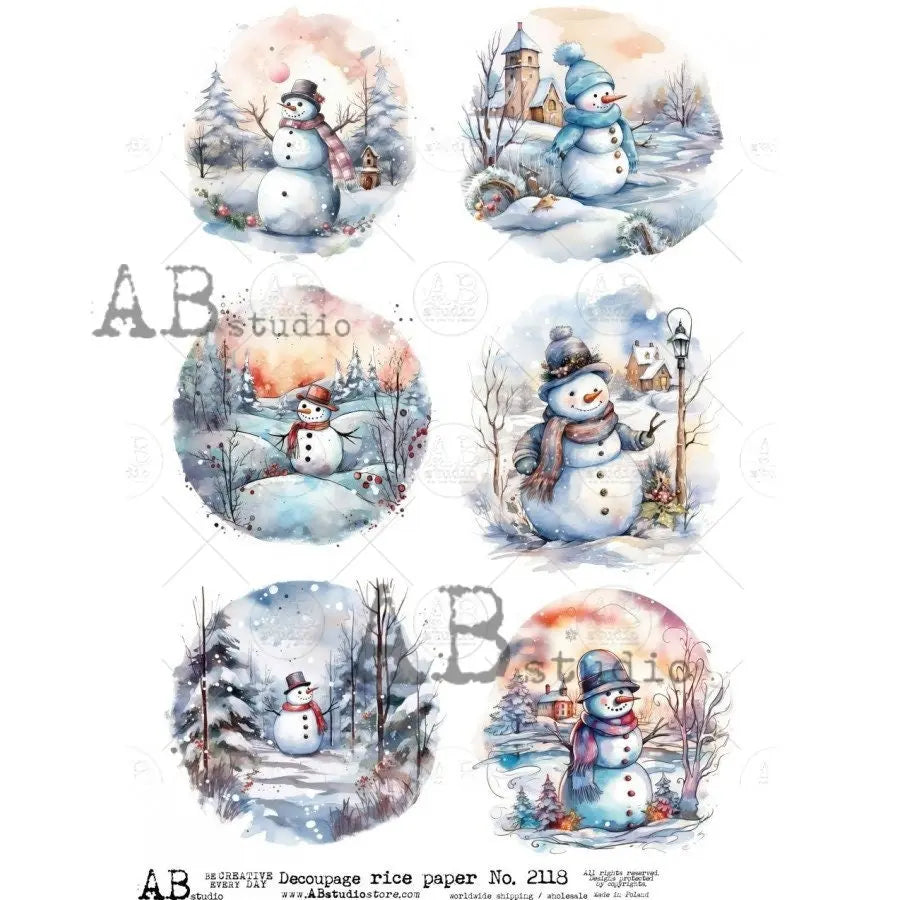 AB Studio, Rice Paper, Decoupage, Christmas, Snowman, Winter, Forest, Rounds, Ornament, Scenes, 2118, A4, 8.27 X 11.69 in AB Studio