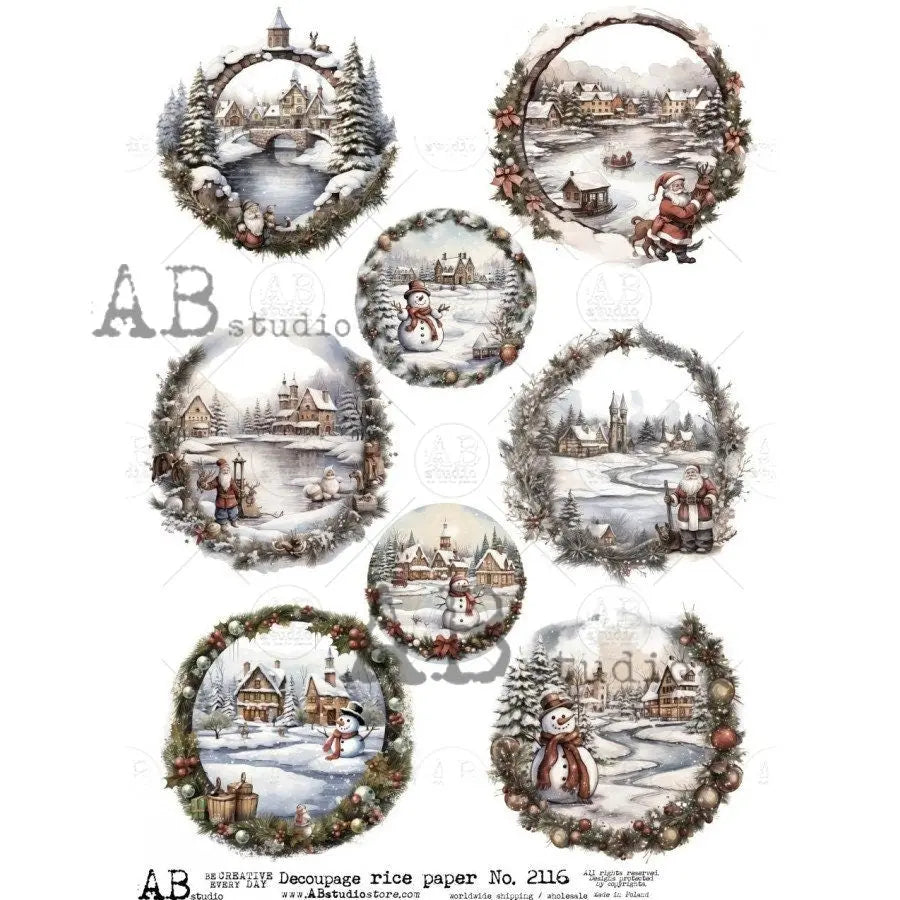 AB Studio, Rice Paper, Decoupage, Christmas, Snowman, Winter, Landscape, Santa, Rounds, Ornament, Scenes, Wreaths, 2116, A4, 8.27 X 11.69 in AB Studio