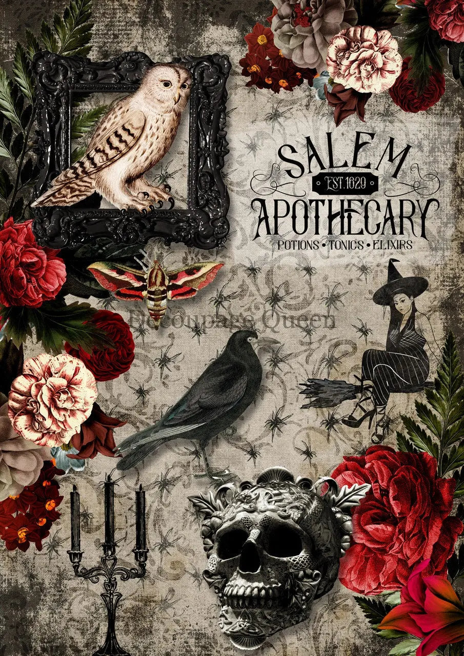 Decoupage Queen, Rice Paper, 2023 Fall Release, DPRP-0501 A4, A3, Decoupage, Halloween, Apothecary, Roses, Skull, Raven, Owl, Salem Decoupage Queen