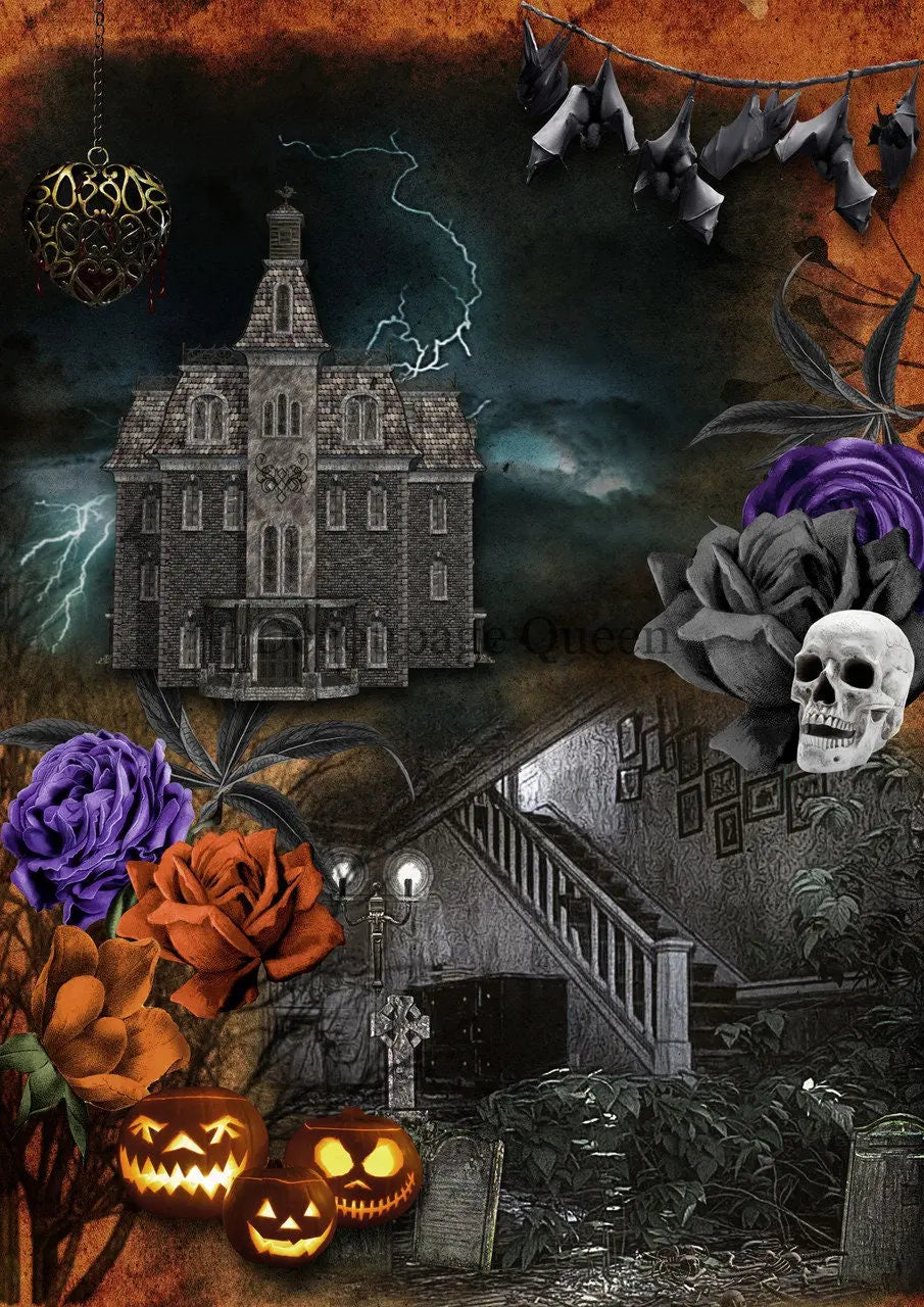 Decoupage Queen, Rice Paper, 2023 Fall Release, DPRP-0499 A4, Decoupage 8.3" X 11.7", Halloween, Skull, Moon, Cat, Haunted House, Pumpkins Decoupage Queen