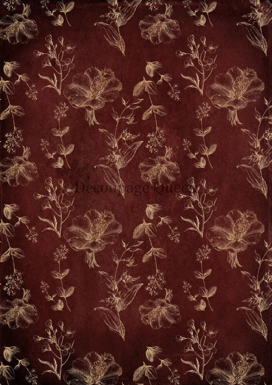 Decoupage Queen, Rice Paper, 2023 Fall Release, DPRP-0487 A4, Decoupage 8.3" X 11.7", Red, Gold, Floral, Vintage Style, Wallpaper Decoupage Queen
