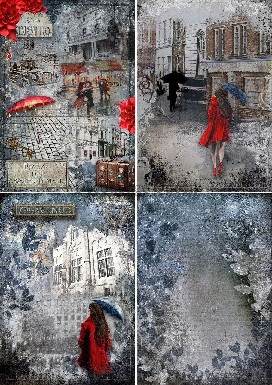 Decoupage Queen, Rice Paper, 2023 Fall Release, DPRP-0479 A4, Decoupage 8.3" X 11.7", Queen in the City, Lady, City Landscape, Blue sky Decoupage Queen