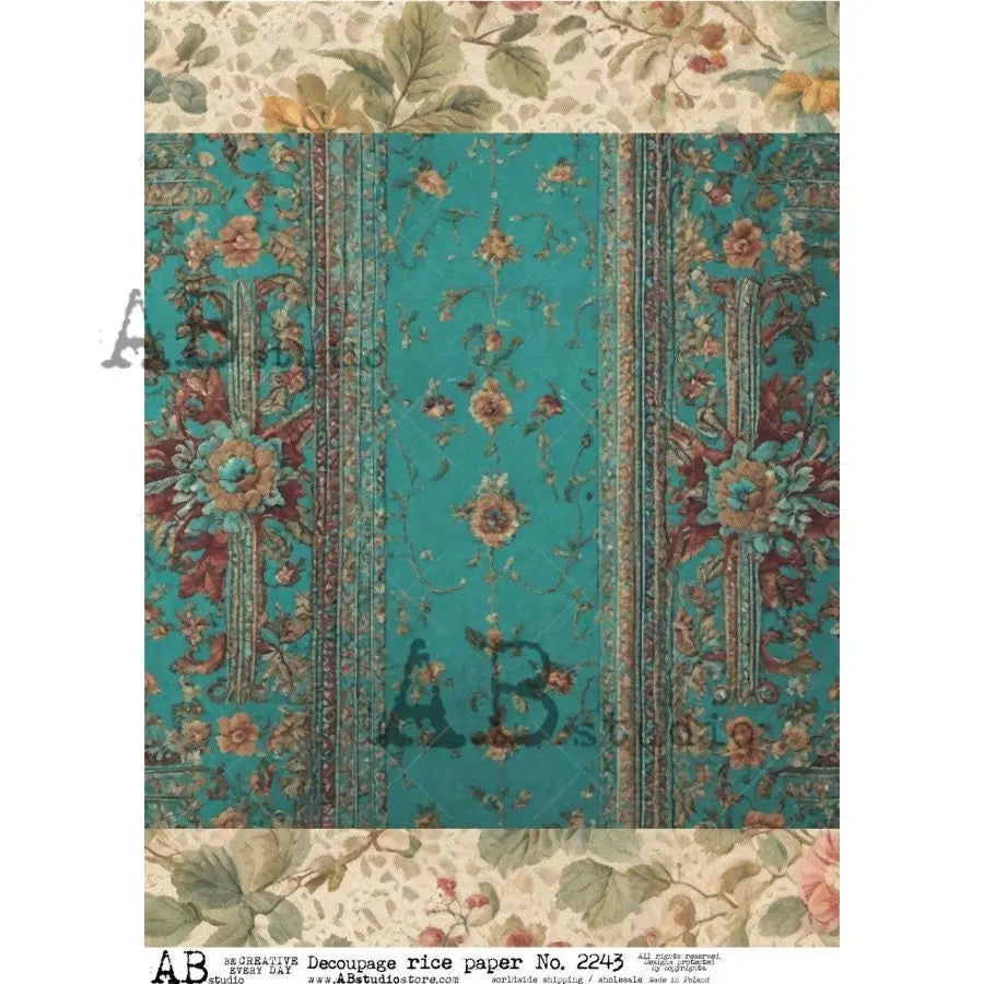 AB Studio, Rice Paper for Decoupage, Turquoise, Teal, Wallpaper, Floral Background, Vintage Style, Shabby chic, 2243, A4, 8.27 X 11.69 AB Studio