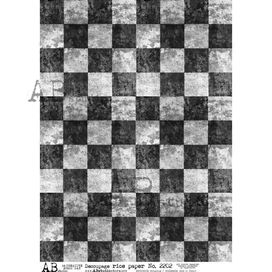 AB Studio, Rice Paper for Decoupage, Black, White, Checkerboard,  Wallpaper, Background, Vintage Style, Shabby chic, 2202, A4, 8.27 X 11.69